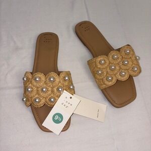 A New Day Women's Delaney Tan Raffia Pearl Embellished Slide Sandals Size 9.5